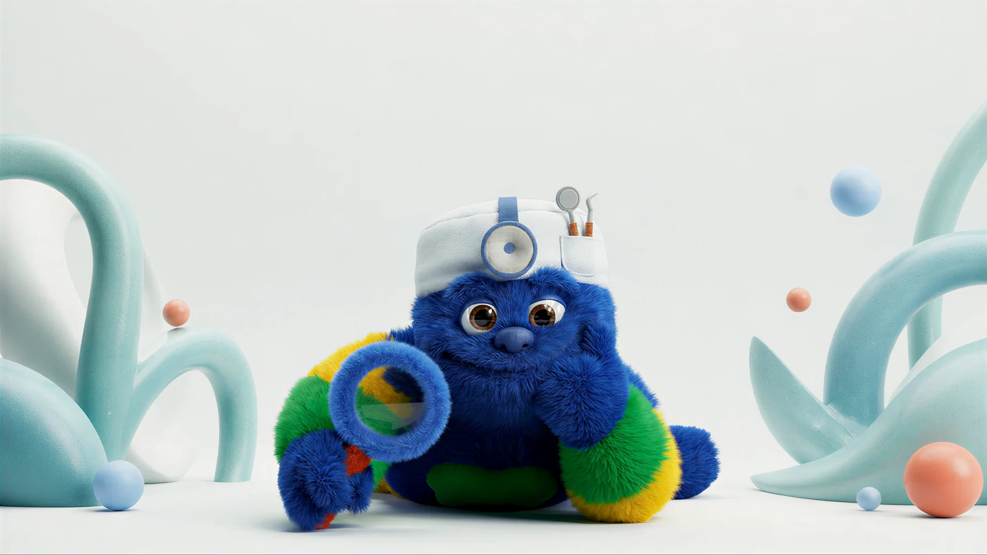 La mascota de Dentista Ideal con su lupa, rodeada de formas verdes y esferas de colores.